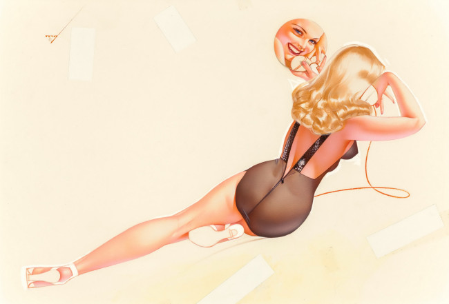 Обои картинки фото рисованное, alberto vargas, девушка, блондинка, зеркало, телефон, боди, каблуки