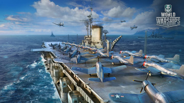 обоя видео игры, world of warships, корабль, самолеты, море