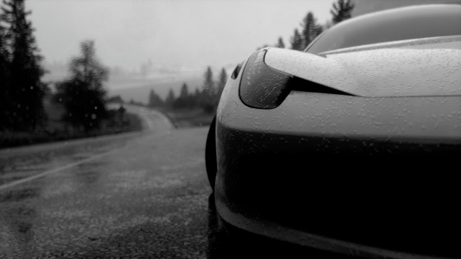 Обои картинки фото автомобили, фрагменты автомобиля, черно-белый, дождь, дорога, обочина