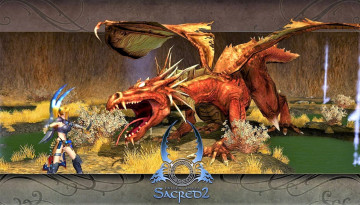 обоя видео игры, sacred 2,  fallen angel, дракон, воительница