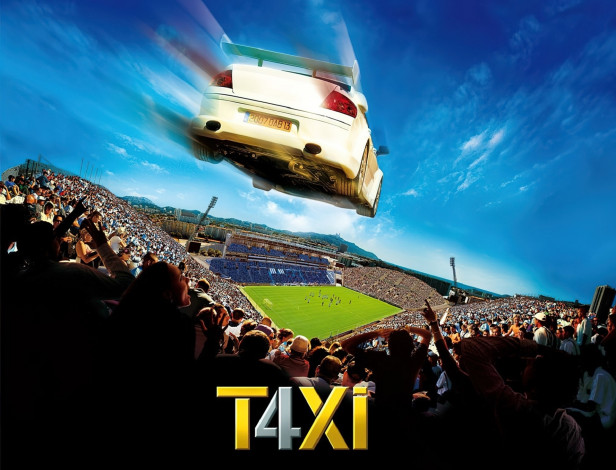Обои картинки фото кино фильмы, taxi 4, машина, такси, полет, люди, стадион