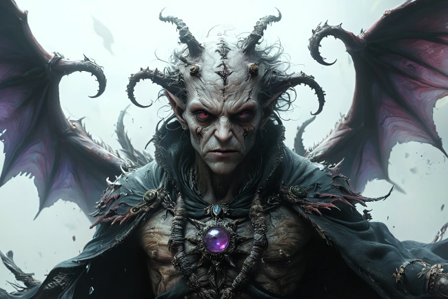 Обои картинки фото 3д графика, существа , creatures, демон, крылья, плащ, рога, украшения