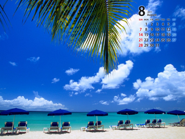 Обои картинки фото календари, природа, август, лежаки, пальма, пляж, море