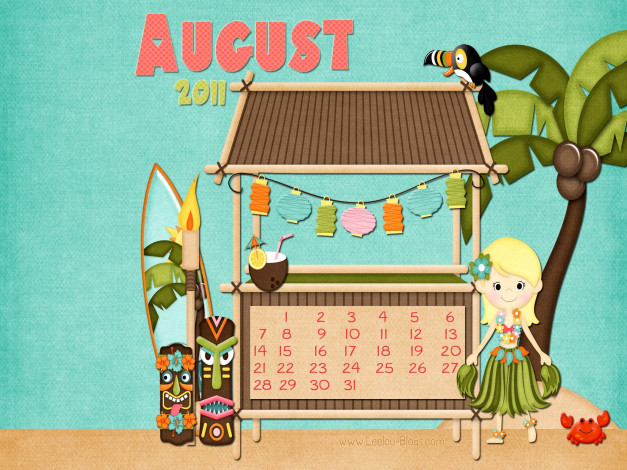 Обои картинки фото календари, рисованные, векторная, графика, август, факел, девочка, пальма, маски, краб