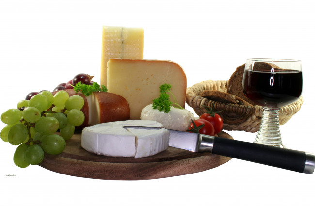 Обои картинки фото еда, натюрморт, хлеб, помидоры, виноград, бокал, вино, сыр