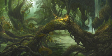 Картинка фэнтези существа kazamasa uchio ucchiey чаща лес вода дух драконы