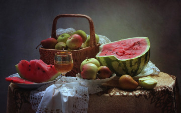 Картинка еда фрукты +ягоды яблоки бокал корзина груши арбуз натюрморт