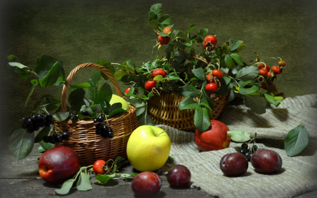 Обои картинки фото еда, фрукты,  ягоды, яблоки, натюрморт, арония, шиповник, сливы