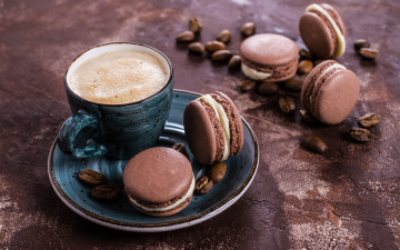 Картинка еда макаруны кофе крем french macaron десерт выпечка sweet coffee cup almond печенье cookies