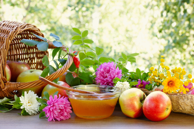 Обои картинки фото еда, натюрморт, астры, мед, яблоки, корзина, цветы