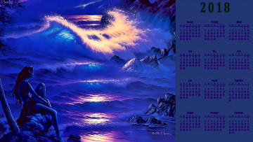 Картинка календари фэнтези волна девушка водоем ночь прибой
