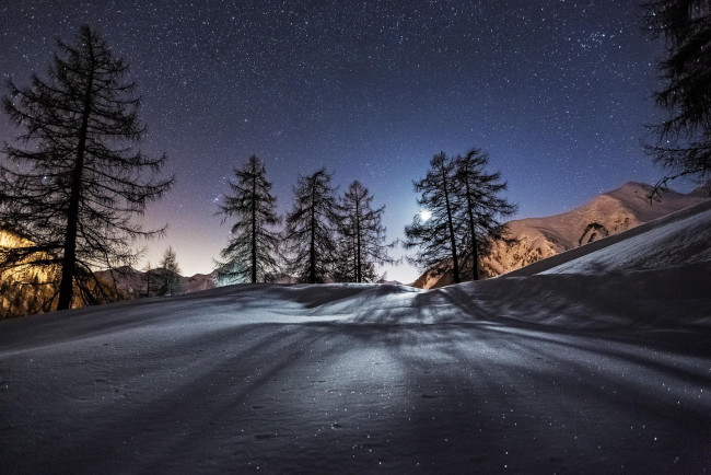 Обои картинки фото природа, горы, зима, снег, деревья, звезды, ночь, небо