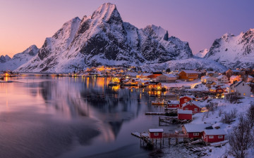 обоя города, лофотенские острова , норвегия, фьорд, вечер, огни, зима, снег