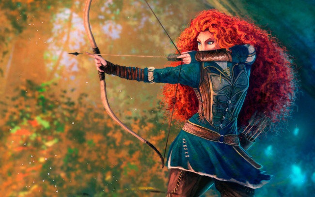 Обои картинки фото brave , 2012, рисованное, кино,  мультфильмы, храбрая, сердцем, brave, лучник, лук, природа, анимация, студии, disney, pixar, animation, studios, мультфильм, приключения, семейный