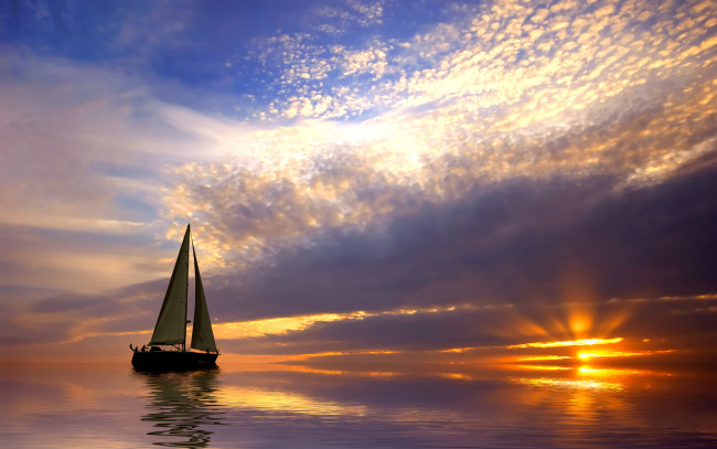 Обои картинки фото корабли, лодки, шлюпки, море, закат