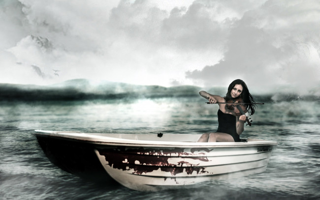 Обои картинки фото -Unsort Креатив, девушки, unsort, креатив, скрипка, лодка