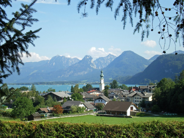 Обои картинки фото st, gilgen, austria, города, пейзажи, дома, горы, пейзаж, растения