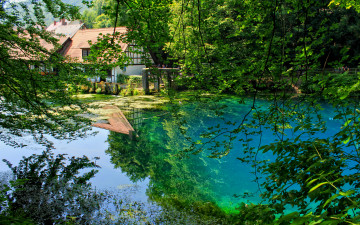 Картинка природа реки озера германия blaubeuren сад пруд отражение деревья ветки
