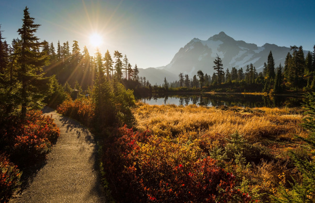 Обои картинки фото природа, восходы, закаты, гора, шуксан, washington, cascade, range, mount, shuksan, picture, lake, закат, горы, озеро, вашингтон, каскадные