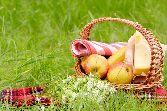 Обои картинки фото еда, разное, пикник, бананы, сыр, трава, яблоки, салфетка, корзинка