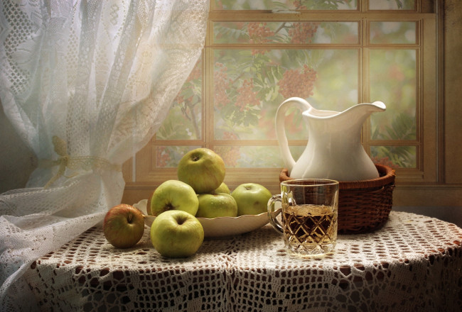 Обои картинки фото еда, натюрморт, яблоки, сок, кувшин