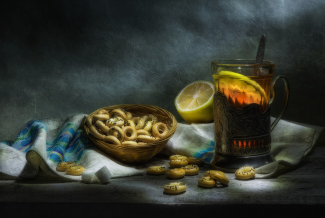 Обои картинки фото еда, натюрморт, чай, сушки, лимон