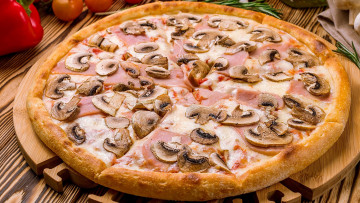 обоя еда, пицца, грибы, ветчина