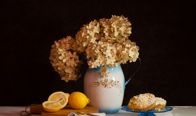 Обои картинки фото еда, натюрморт, гортензия, цветы, лимон, букет