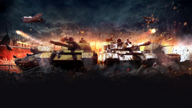 Обои картинки фото видео игры, world of tanks, танки, самолеты, разрушения