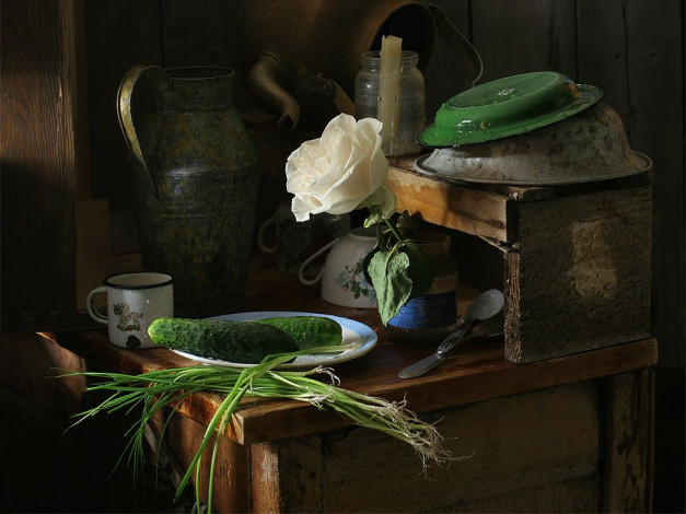 Обои картинки фото ира, быкова, роза, на, кухонном, столе, еда, натюрморт