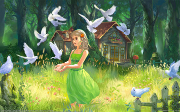 обоя рисованные, дети, домик, голуби, девочка, нарисованно, деревья, травка