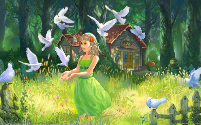 Обои картинки фото рисованные, дети, домик, голуби, девочка, нарисованно, деревья, травка