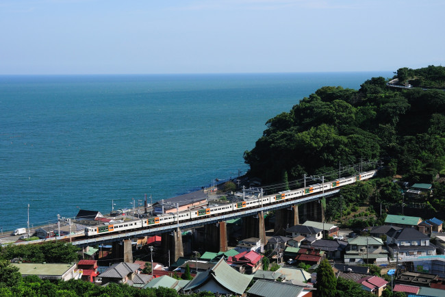 Обои картинки фото техника, поезда, море, мост
