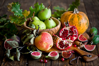 Картинка еда фрукты овощи вместе груша инжир гранат тыква яблоко