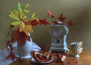 Картинка еда гранат листья чашки часы