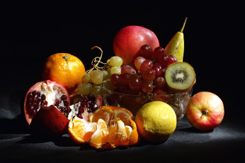 Картинка еда фрукты ягоды лимон мандарин виноград яблоко груша гранат