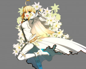 Картинка аниме fate stay+night девушка блондинка цветы серый фон