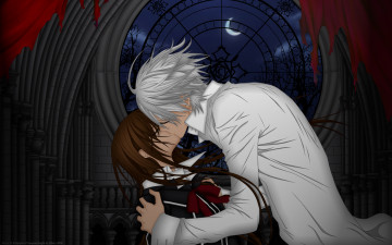 Картинка аниме vampire+knight cilou yuuki cross kiryu zero девушка мужчина поцелуй помещение колонны шторы окно решетка ночь месяц