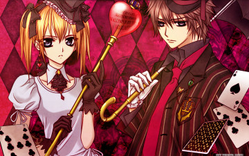 обоя аниме, vampire knight, touya, rima, shiki, senri, девушка, мужчина, жезл, зонтик, игральные, карты, шляпа, ленты, перчатки