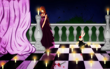 Картинка аниме vampire+knight yuuki cross kazablanka девушка клетчатый пол свечи шторы платье розы кролик игрушка ночь небо летучие мыши деревья звезды балкон