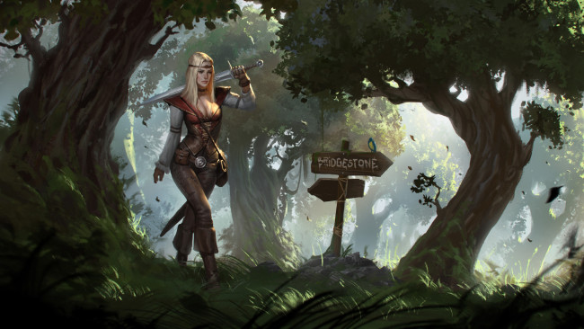 Обои картинки фото фэнтези, девушки, арт, девушка, оружие, меч, деревья, лес, стрелки, указатели