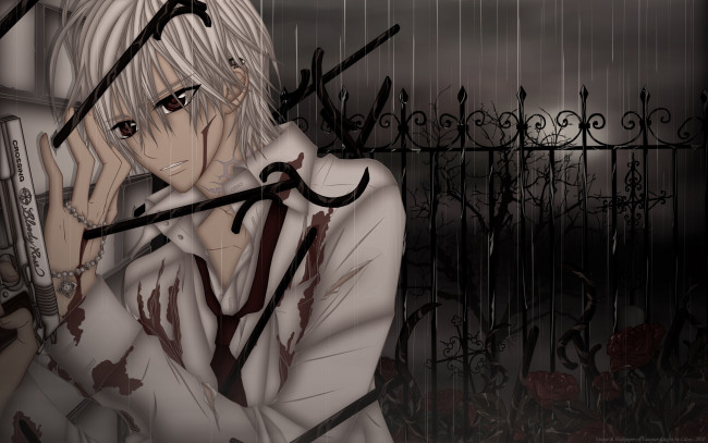 Обои картинки фото аниме, vampire knight, cilou, kiryu, zero, мужчина, ночь, луна, дождь, пистолет, кровь, стена, забор, деревья, розы, раны