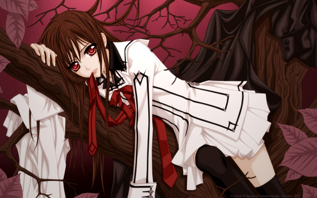 Обои картинки фото аниме, vampire knight, yuuki, cross, cilou, девушка, дерево, ветки, плащ, рубашка, галстук, листья