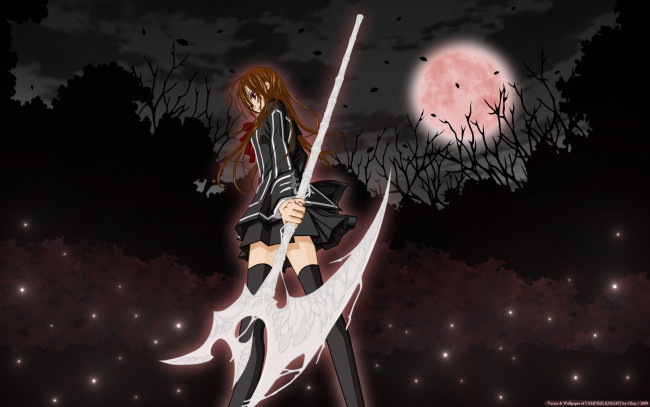 Обои картинки фото аниме, vampire knight, yuuki, cross, девушка, cilou, ночь, луна, деревья, листья, облака, коса
