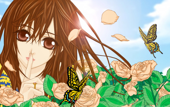 Обои картинки фото аниме, vampire knight, yuuki, cross, девушка, небо, солнце, бабочки, цветы, лепестки, листья, секрет, cilou