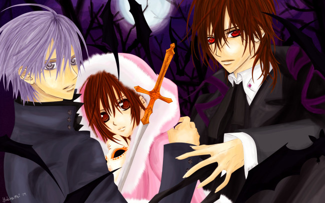 Обои картинки фото аниме, vampire knight, yuuki, cross, kiryu, zero, kuran, kaname, девушка, мужчины, ночь, луна, деревья, меч