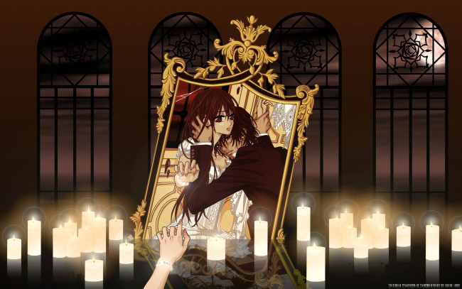 Обои картинки фото аниме, vampire knight, yuuki, cross, kuran, kaname, девушка, мужчина, ночь, луна, окно, решетка, свечи, зеркало, cilou, отражение