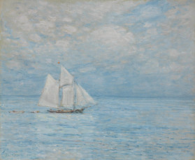 обоя sailing on calm seas, рисованное, frederick childe hassam, небо, облака, море, парусник, корабль