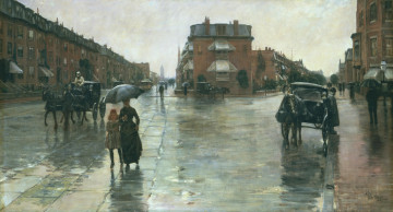 обоя rainy day boston, рисованное, frederick childe hassam, экипажи, улица, люди, город, здания, дома, дождь