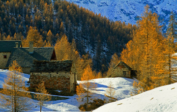 Картинка разное развалины +руины +металлолом осень деревья снег дома горы